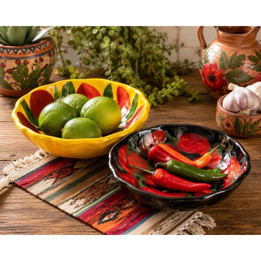 Set Of 2 Authentic Hand Painted Mexican Barro Pintado Clay Fruit Bowls Los Cabos